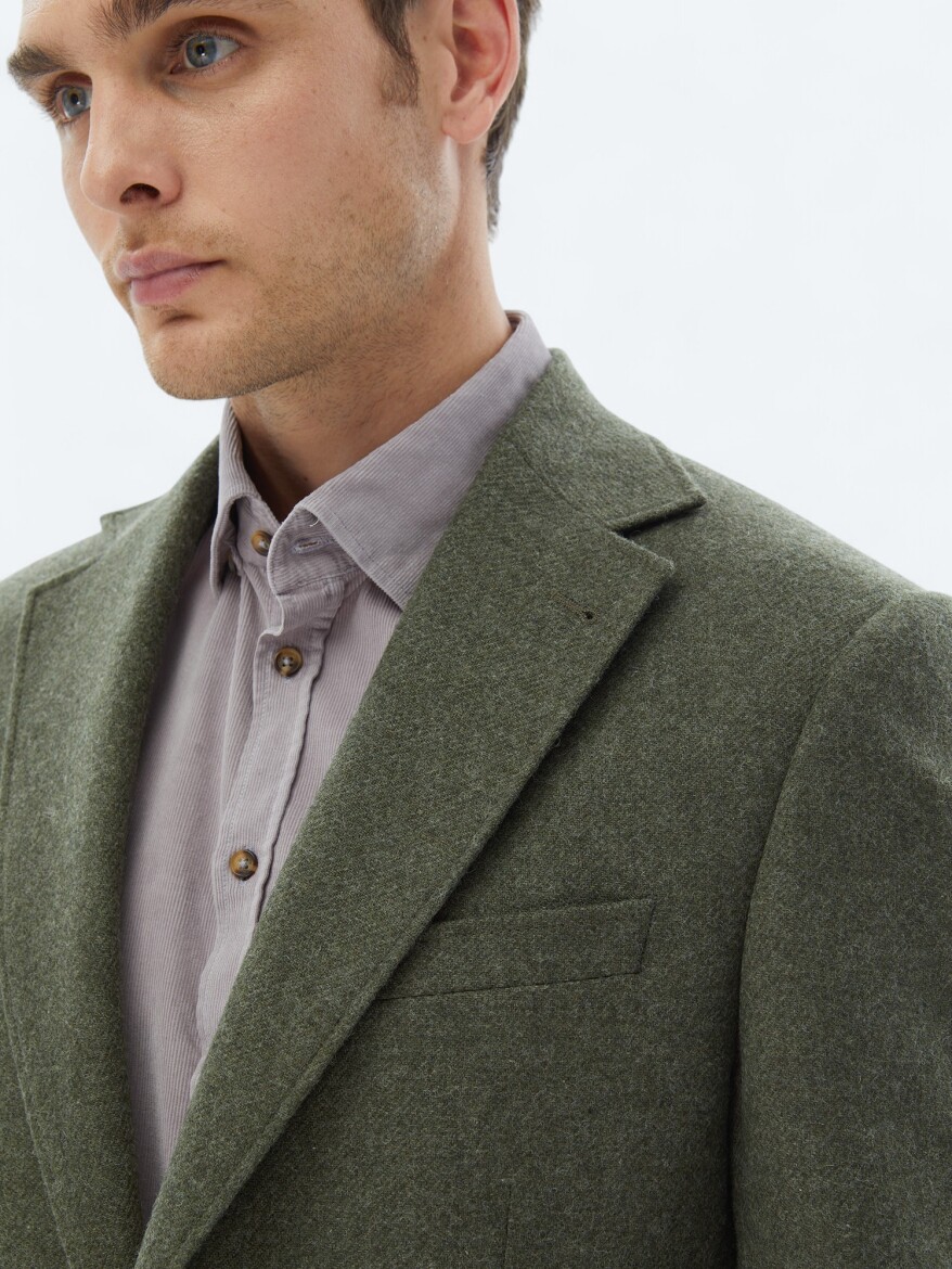 Green Plain Comfort Fit Wool Blended Jacket - 5