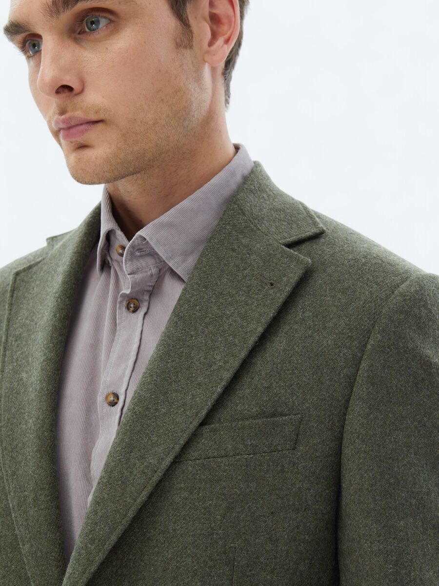 Green Plain Comfort Fit Wool Blended Jacket - 5