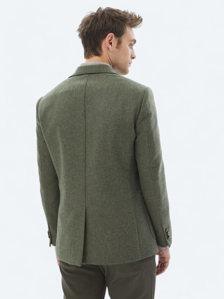 Green Plain Comfort Fit Wool Blended Jacket - 6