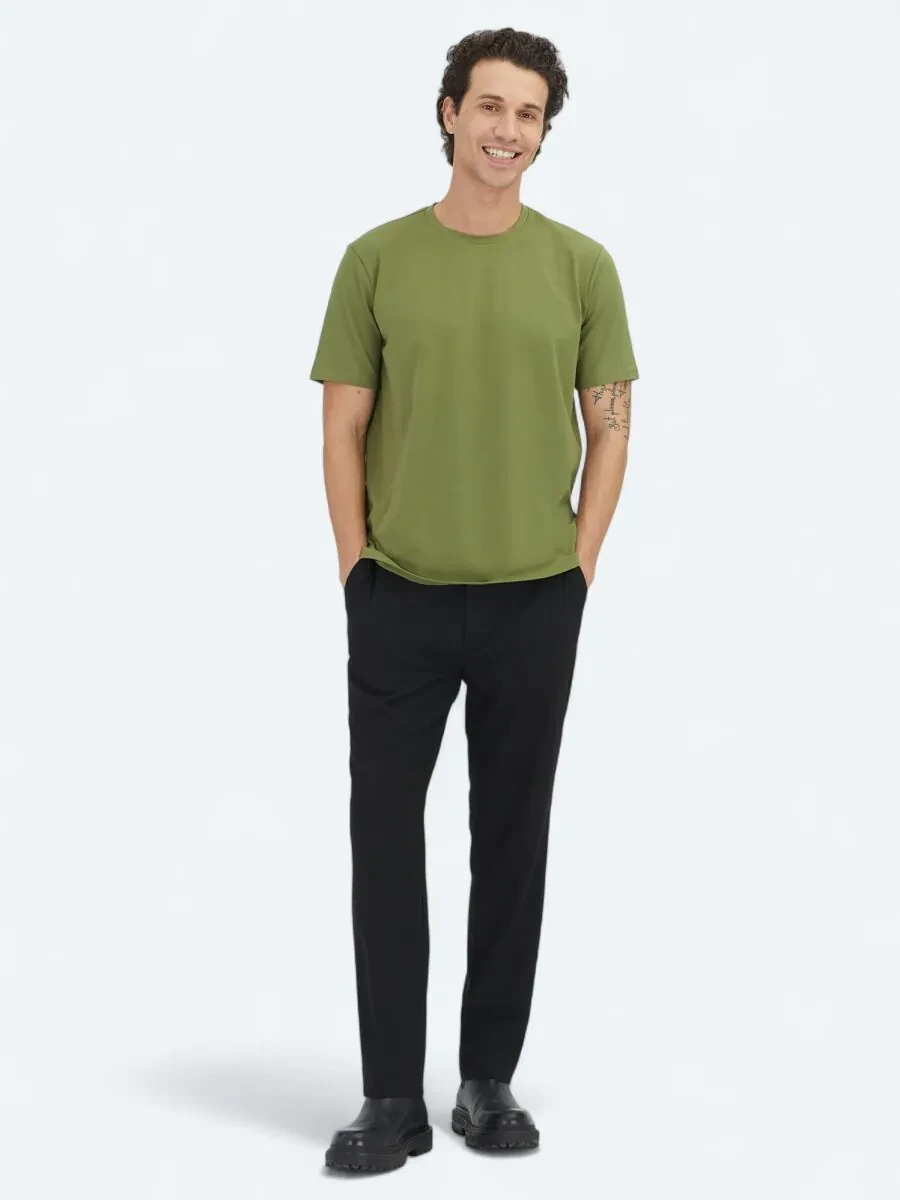 Green Plain Crew Neck Cotton Blended T-Shirt - 2