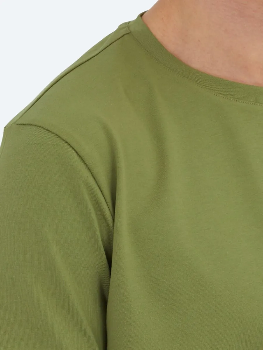 Green Plain Crew Neck Cotton Blended T-Shirt - 4