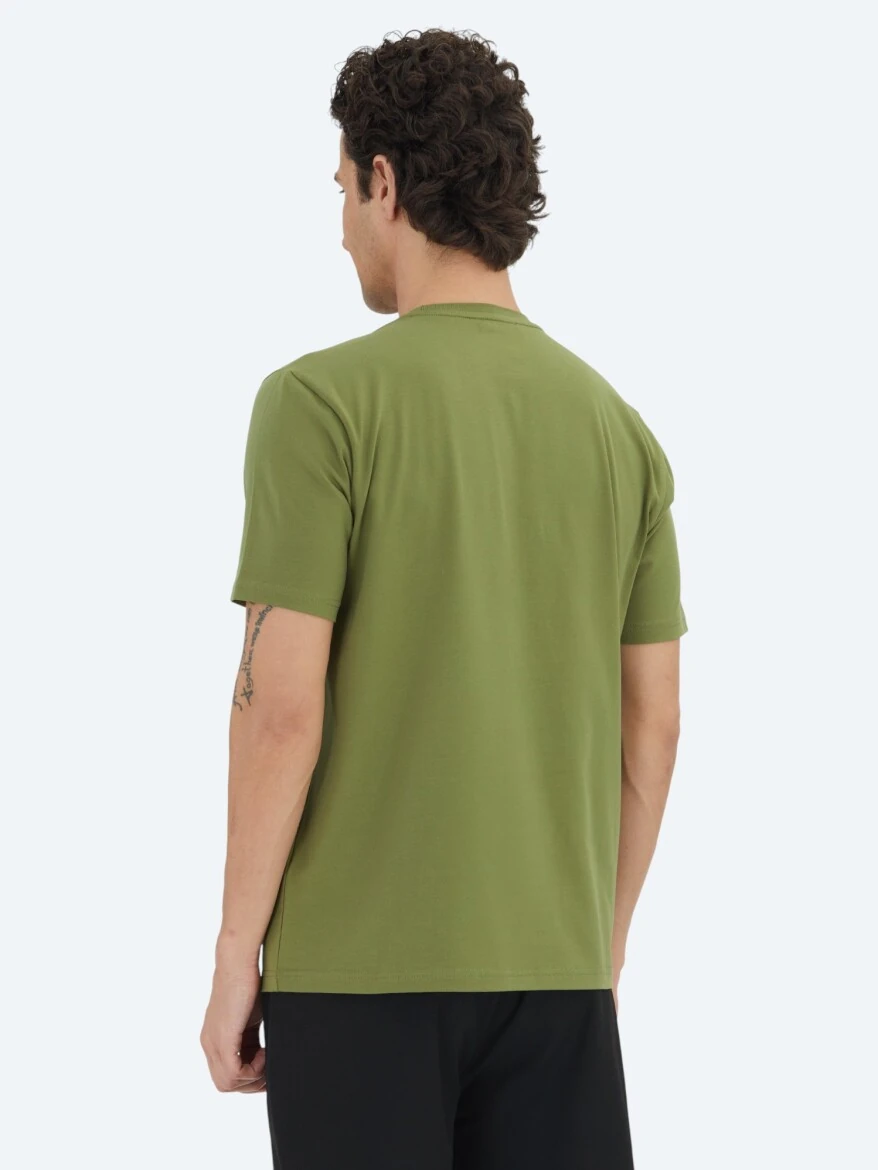 Green Plain Crew Neck Cotton Blended T-Shirt - 5