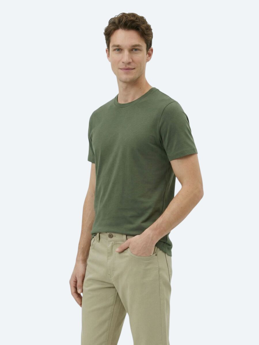 Green Plain Crew Neck Cotton Blended T-Shirt - 1