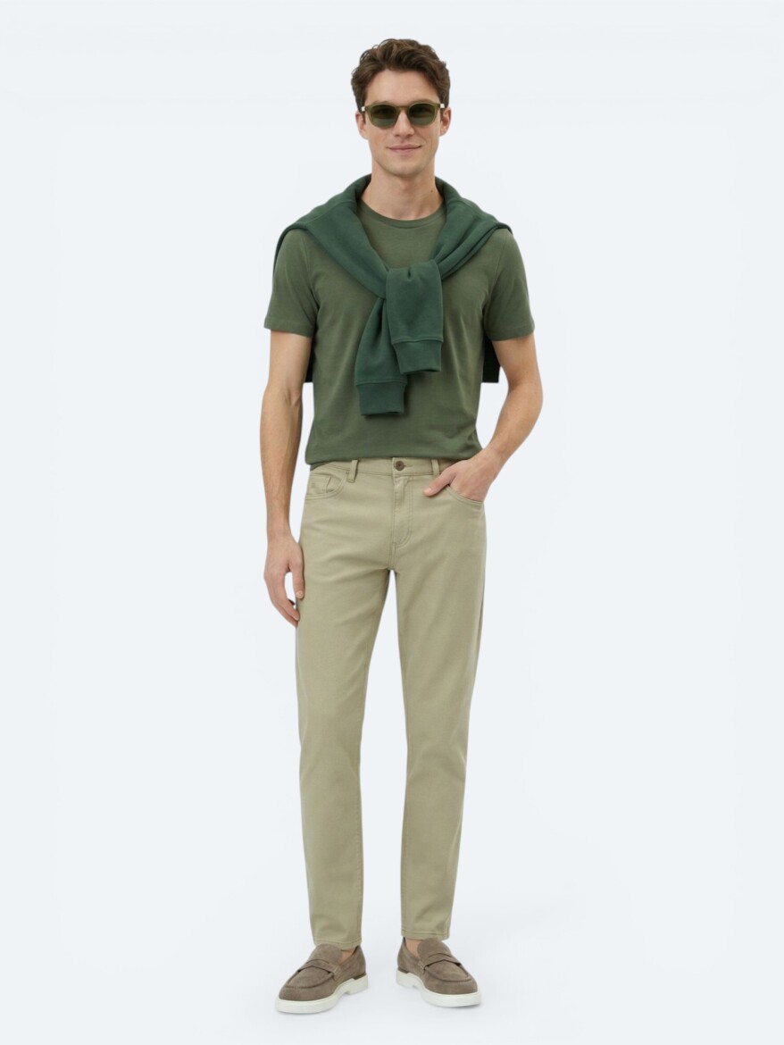 Green Plain Crew Neck Cotton Blended T-Shirt - 2