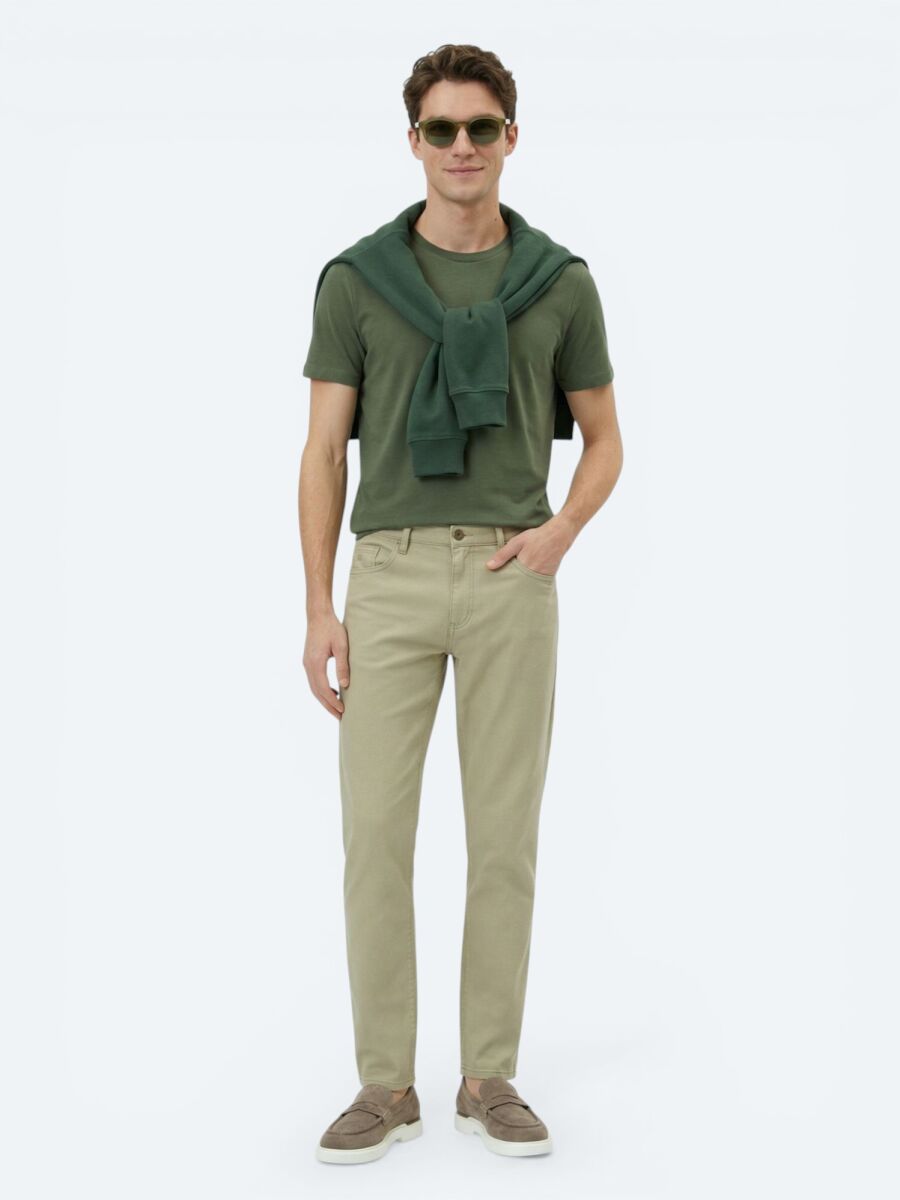 Green Plain Crew Neck Cotton Blended T-Shirt - 2