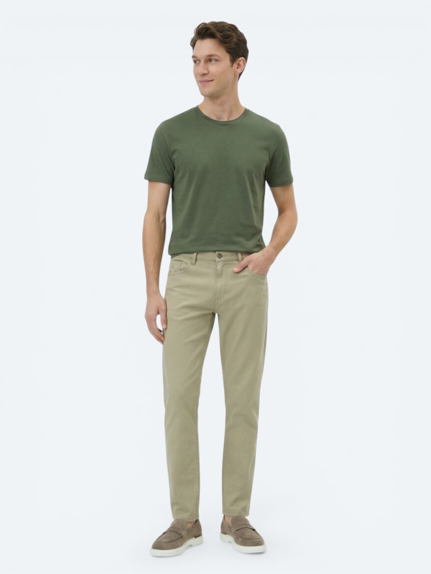 Green Plain Crew Neck Cotton Blended T-Shirt - 4