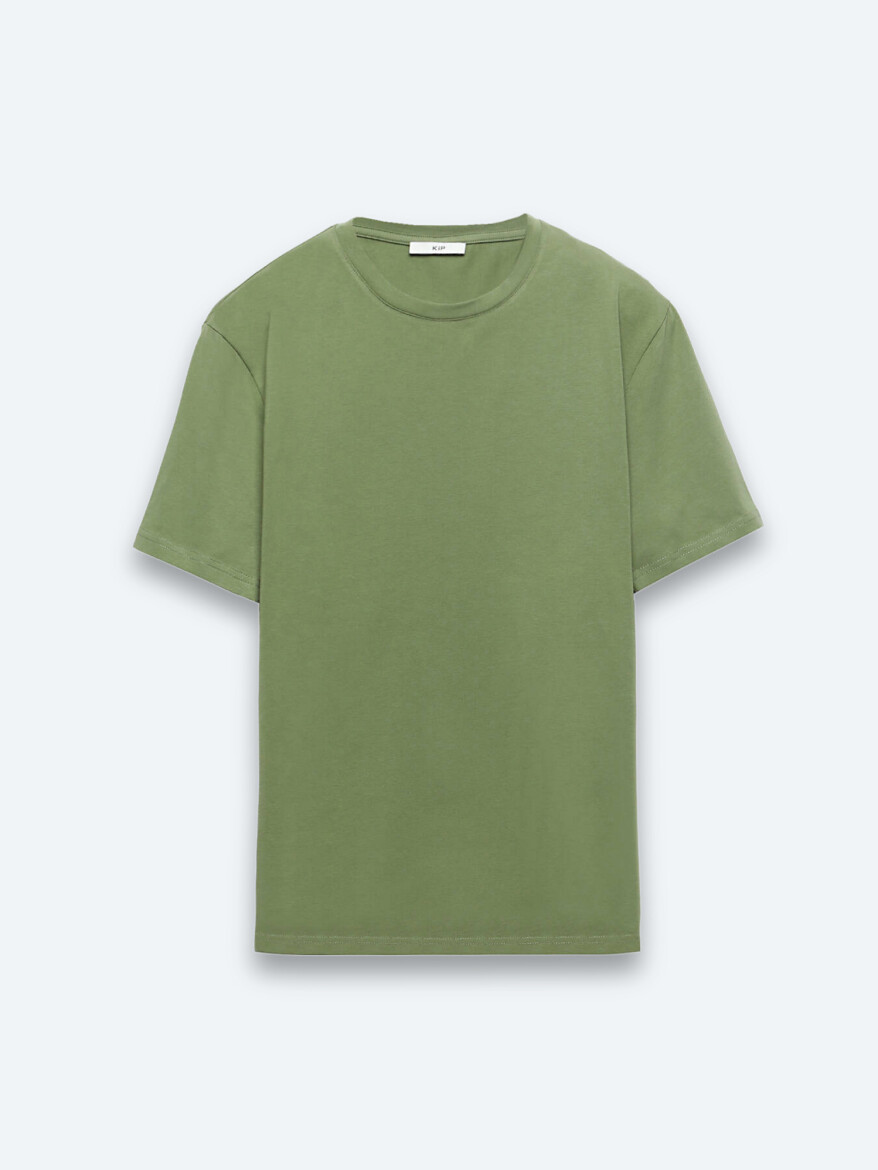Green Plain Crew Neck Cotton Blended T-Shirt - 6