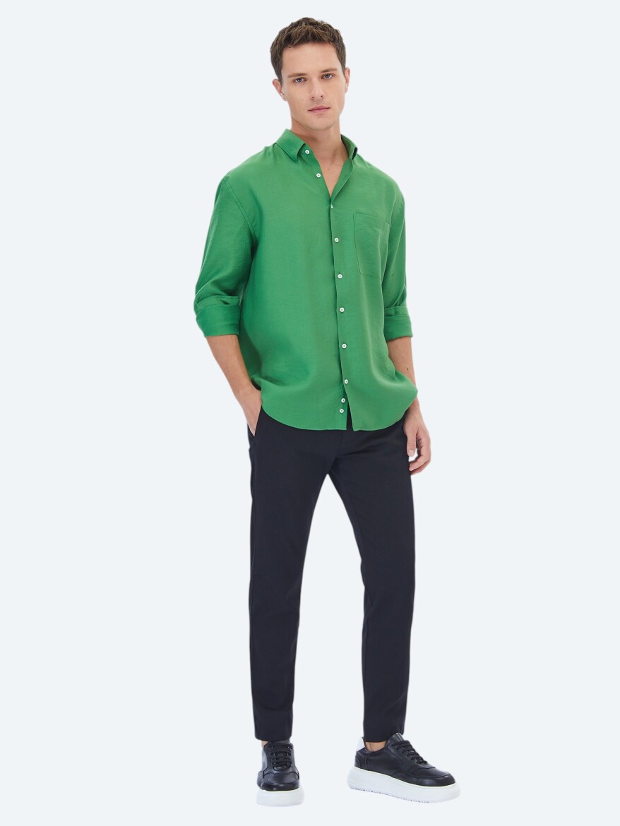 Green Plain Oversize Fit Long Weaving Casual Shirt - 2