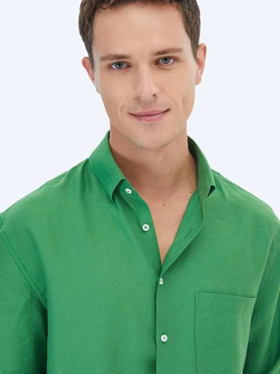 Green Plain Oversize Fit Weaving Casual Shirt - 3