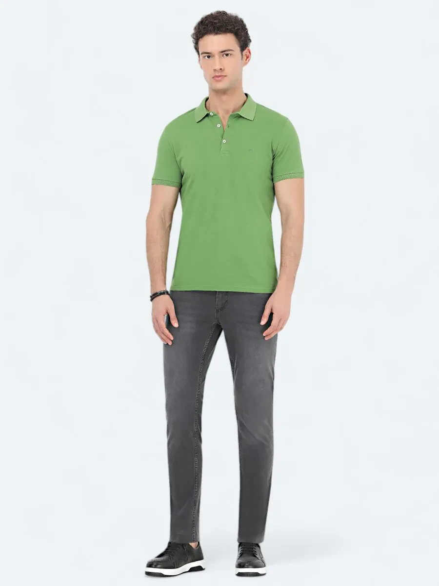 Green Plain Polo Neck 100% Cotton T-Shirt - 2