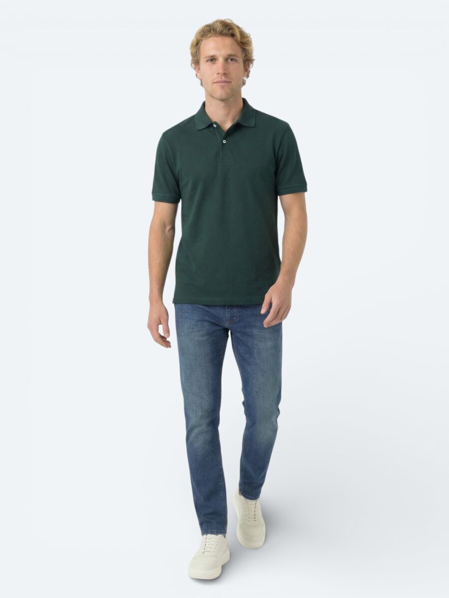 Green Plain Polo Neck Cotton Blended T-Shirt - 2