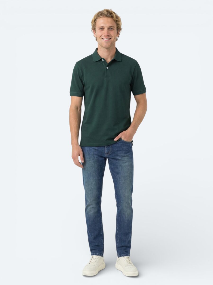 Green Plain Polo Neck Cotton Blended T-Shirt - 3