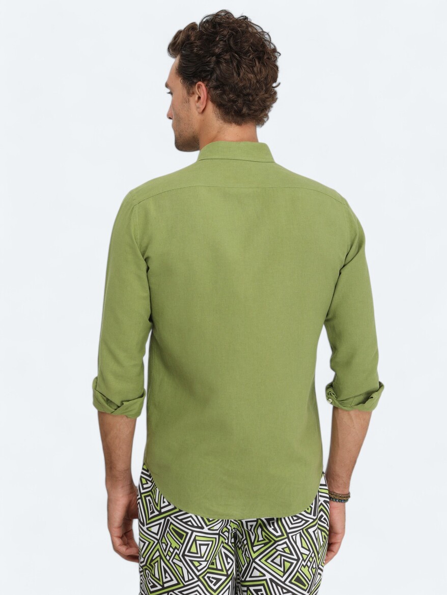 Green Plain Regular Fit Long Weaving Casual Cotton Blended Shirt - 4