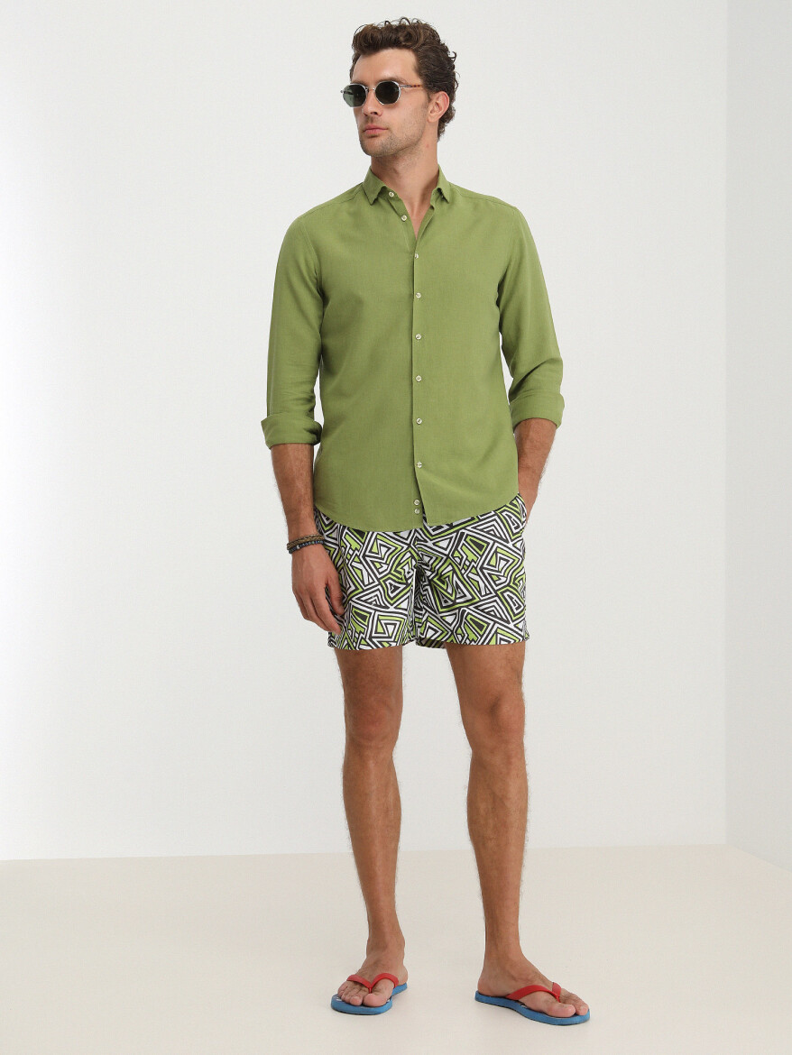 Green Plain Regular Fit Long Weaving Casual Cotton Blended Shirt - 1