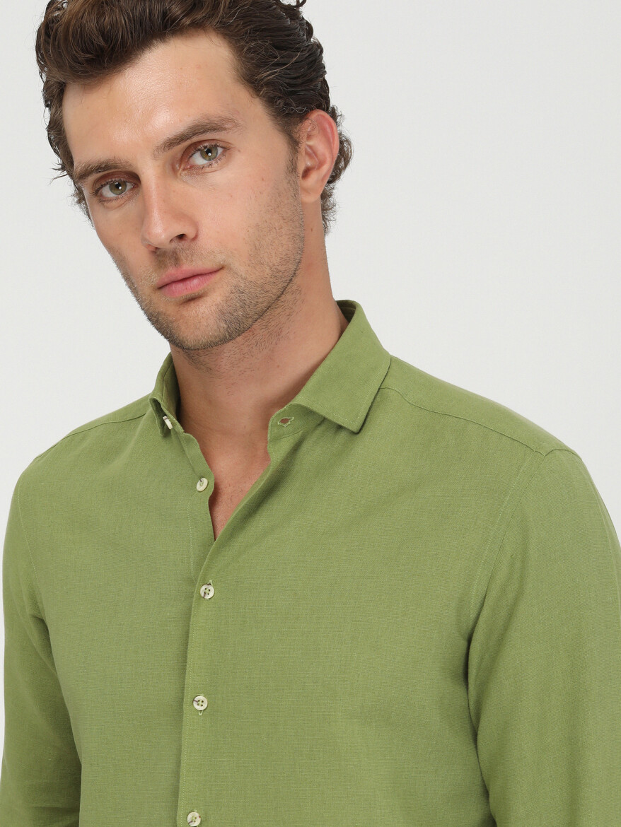 Green Plain Regular Fit Long Weaving Casual Cotton Blended Shirt - 3