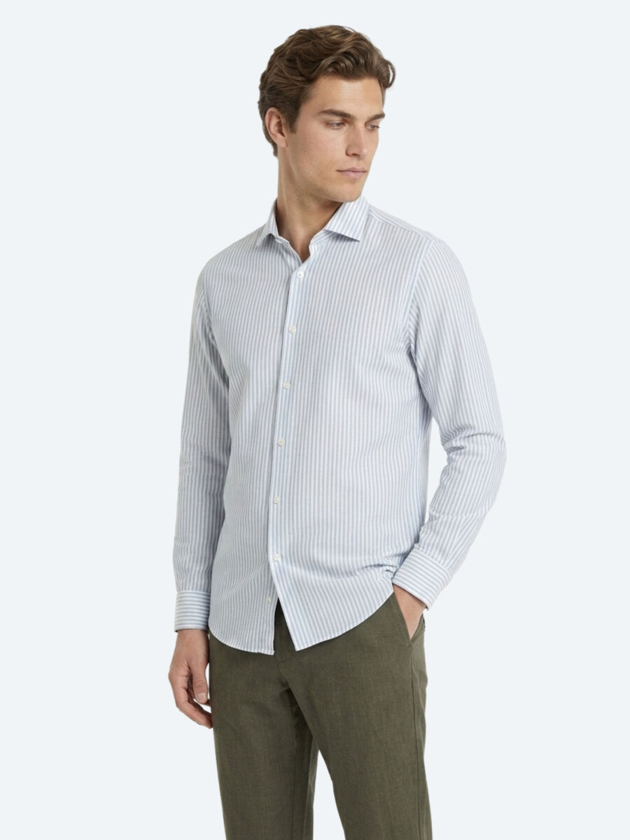 Green Plain Regular Fit Long Weaving Casual Cotton Blended Shirt - 1