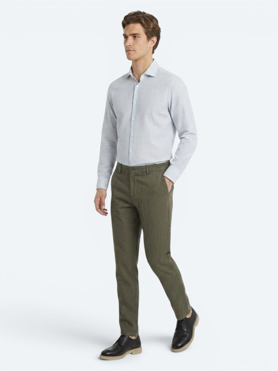 Green Plain Regular Fit Long Weaving Casual Cotton Blended Shirt - 2