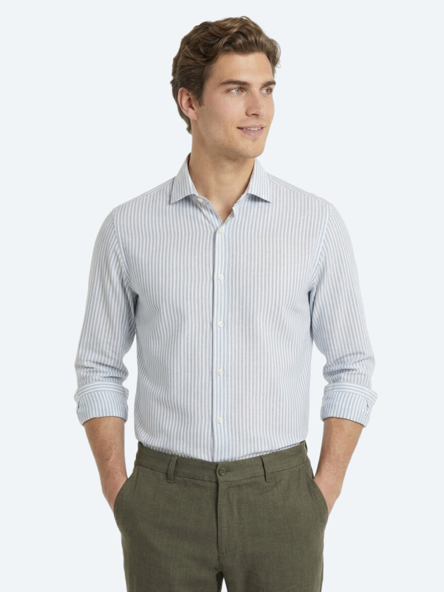 Green Plain Regular Fit Long Weaving Casual Cotton Blended Shirt - 3