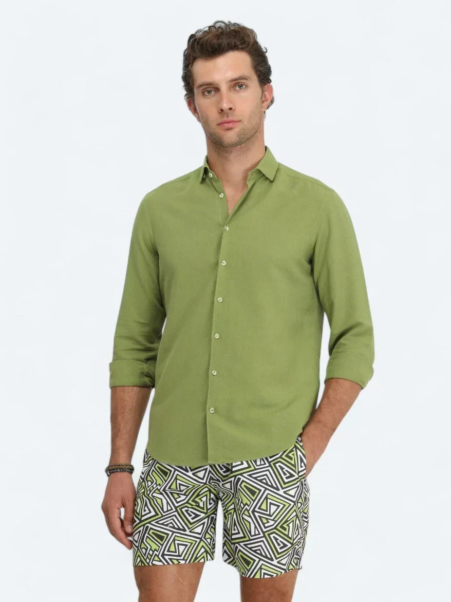 Green Plain Regular Fit Weaving Casual Cotton Blended Shirt - 1