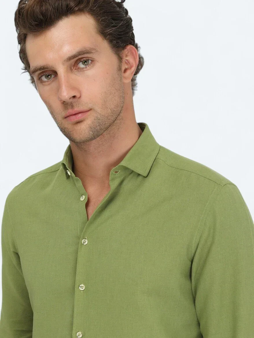 Green Plain Regular Fit Weaving Casual Cotton Blended Shirt - 3