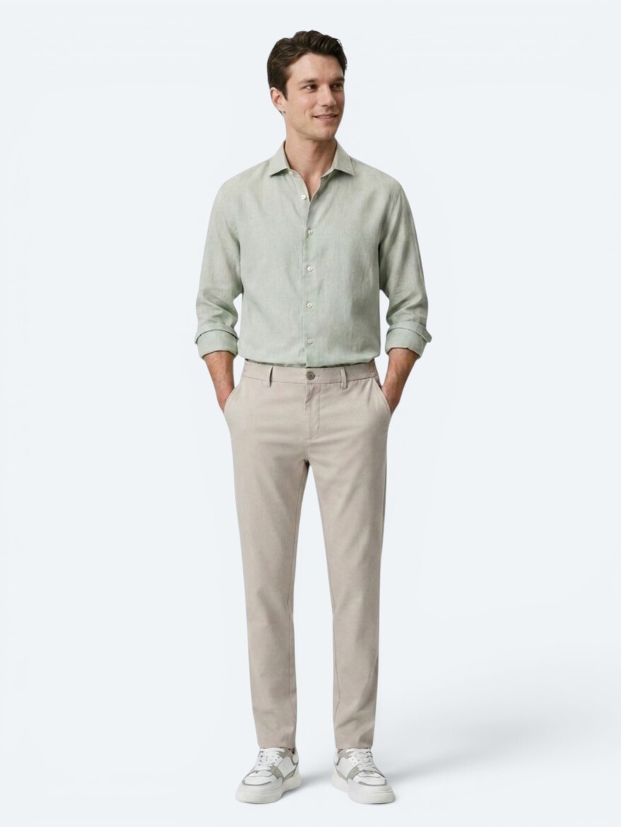 Green Regular Fit Long Weaving Casual Cotton Blended Shirt - 3