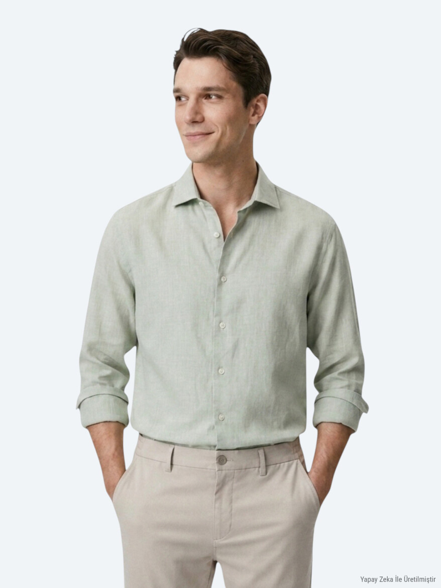 Green Regular Fit Long Weaving Casual Cotton Blended Shirt - KİP