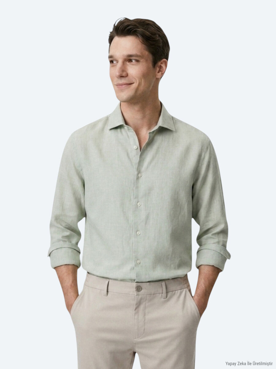 Green Regular Fit Long Weaving Casual Cotton Blended Shirt - 1