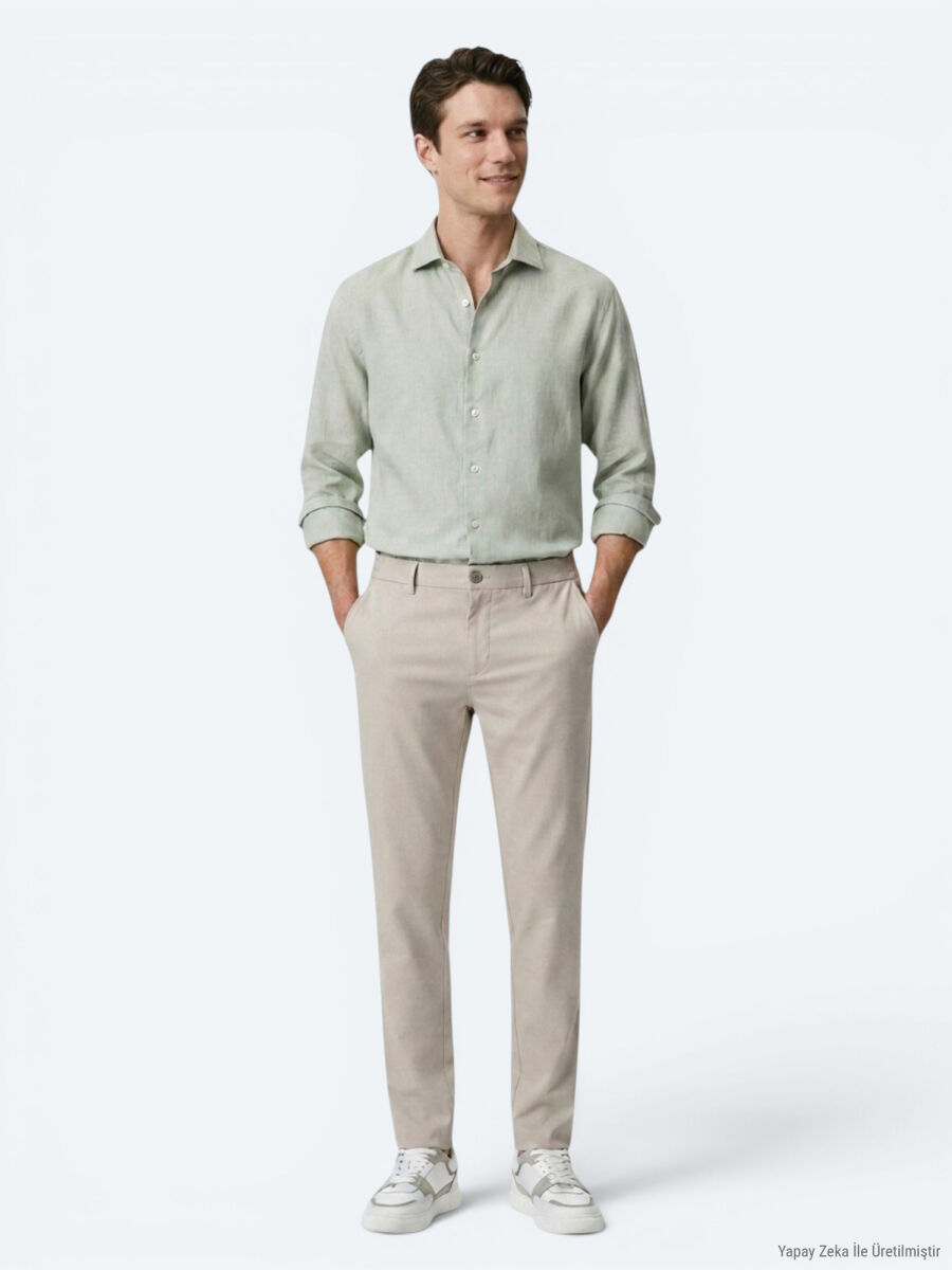 Green Regular Fit Long Weaving Casual Cotton Blended Shirt - 3