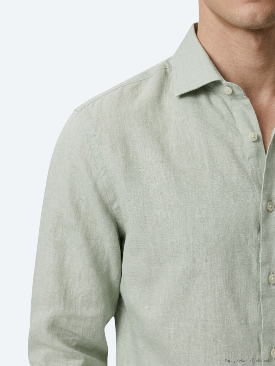 Green Regular Fit Long Weaving Casual Cotton Blended Shirt - 4