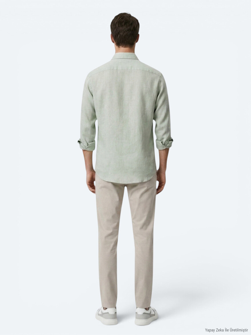 Green Regular Fit Long Weaving Casual Cotton Blended Shirt - 5