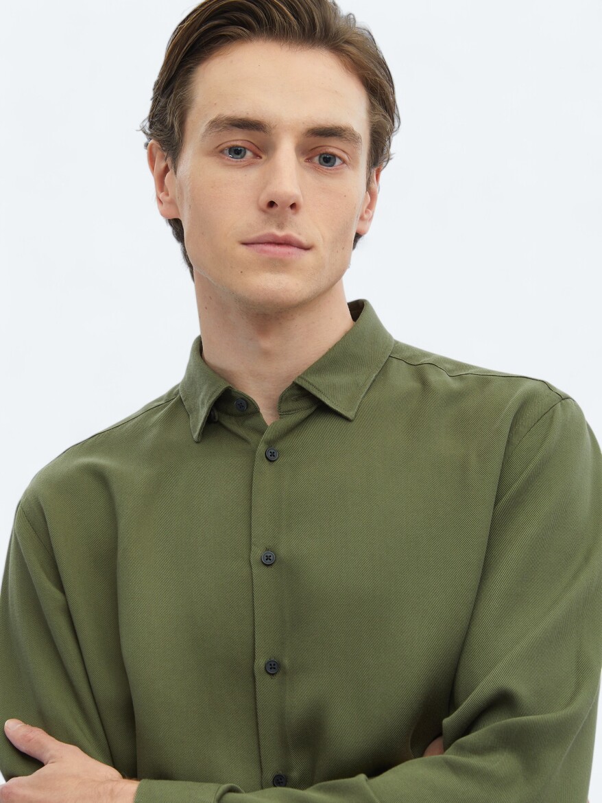 Green Ribbed Regular Fit Long Weaving Casual Shirt - 4