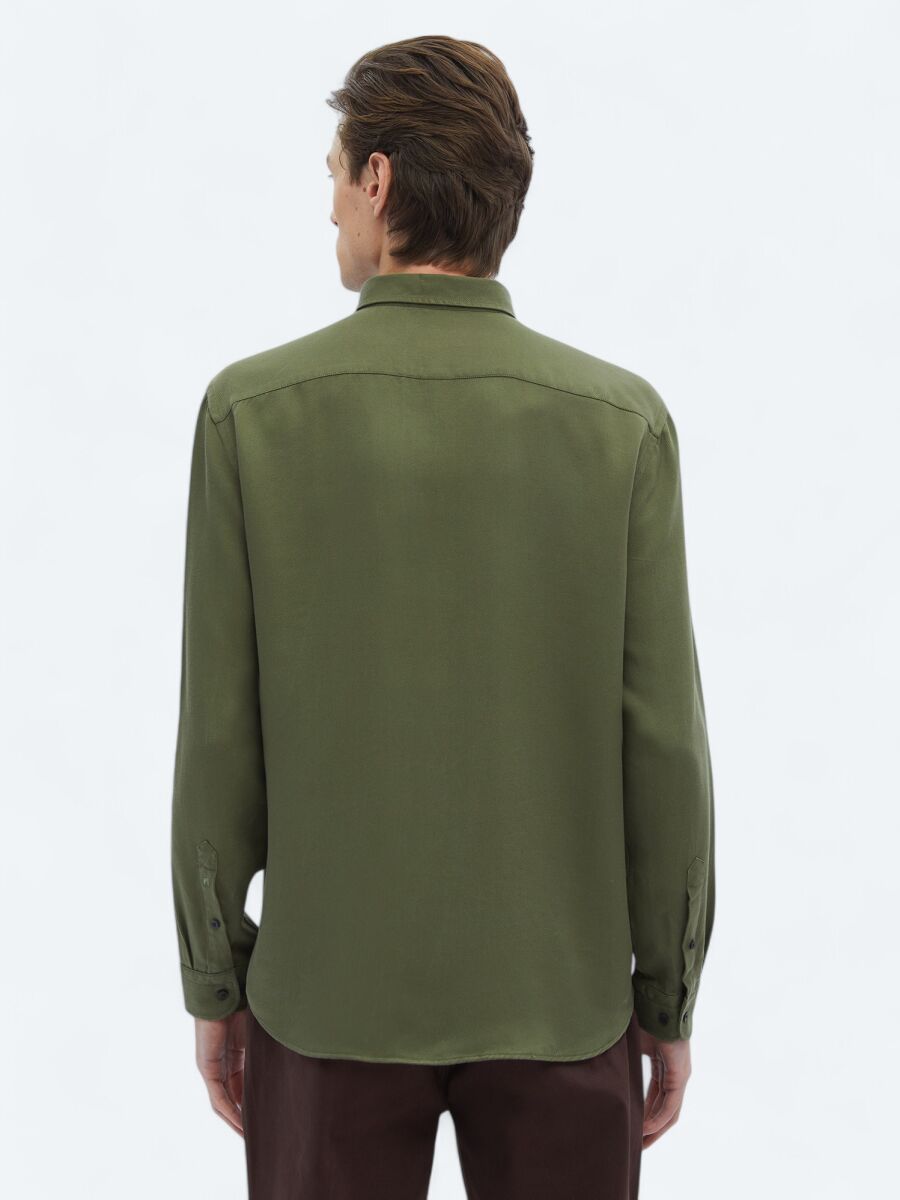 Green Ribbed Regular Fit Long Weaving Casual Shirt - 5