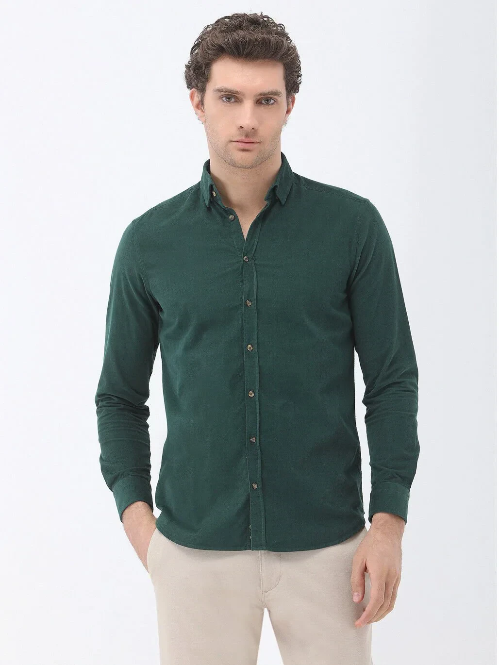 Green Ribbed Regular Fit Weaving Casual 100% Cotton Shirt - 1