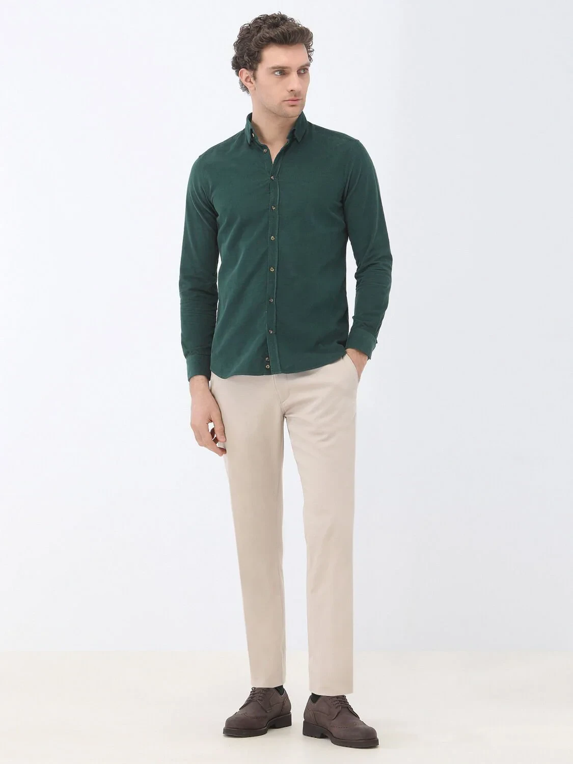Green Ribbed Regular Fit Weaving Casual 100% Cotton Shirt - 2