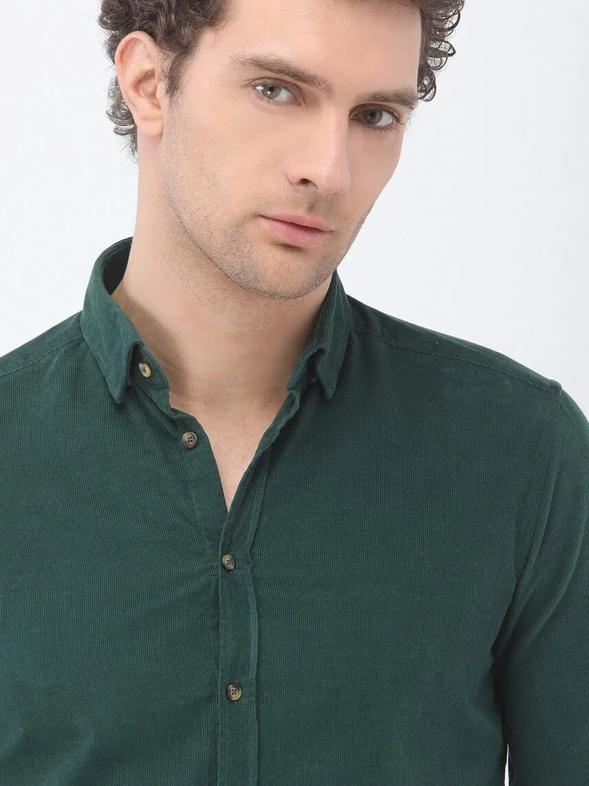Green Ribbed Regular Fit Weaving Casual 100% Cotton Shirt - 3
