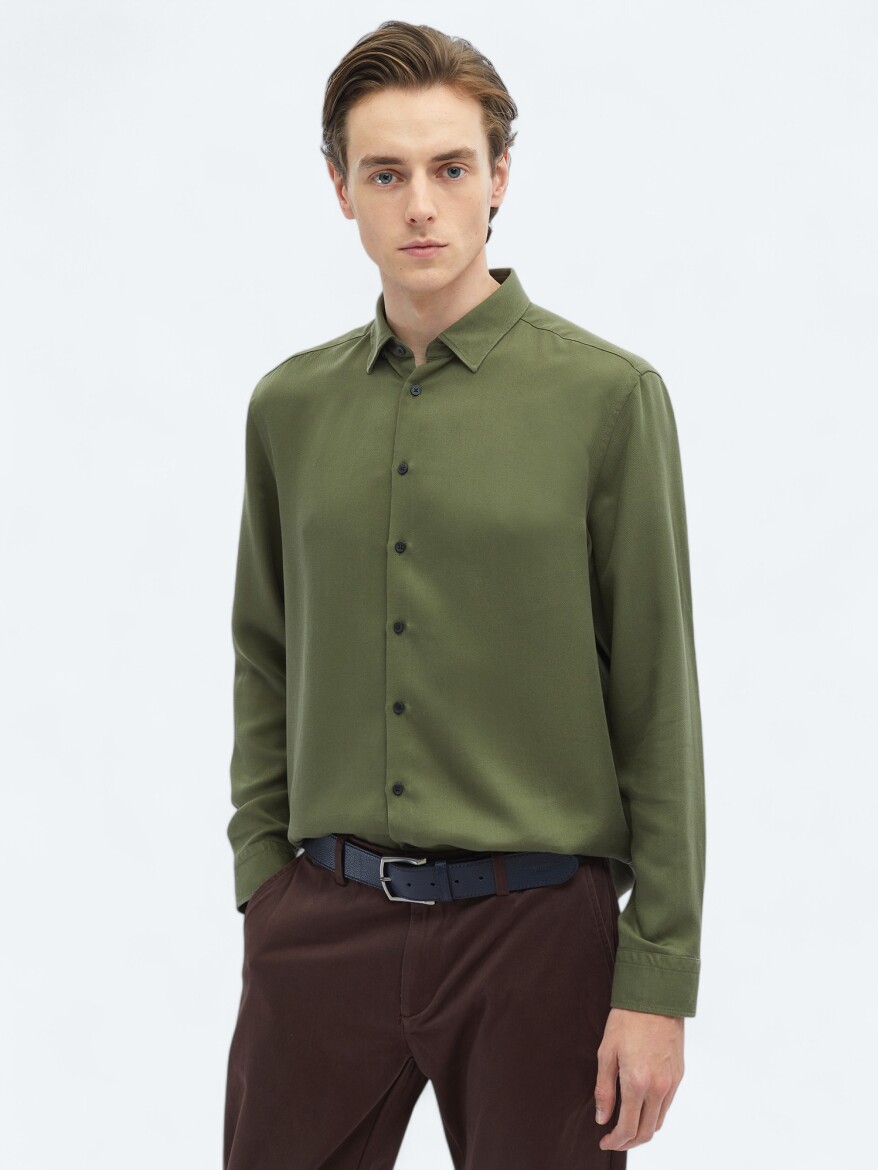 Green Ribbed Regular Fit Weaving Casual Shirt - 1