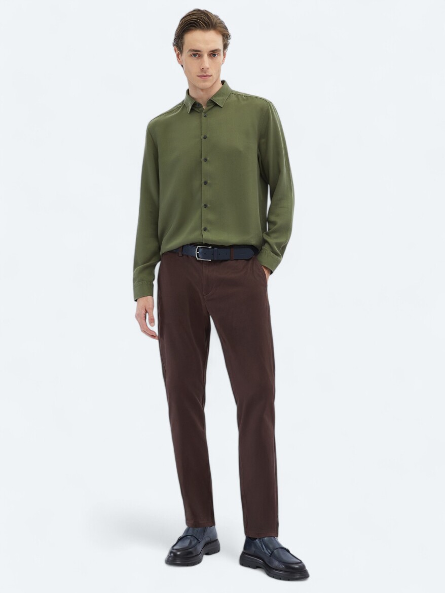 Green Ribbed Regular Fit Weaving Casual Shirt - 2