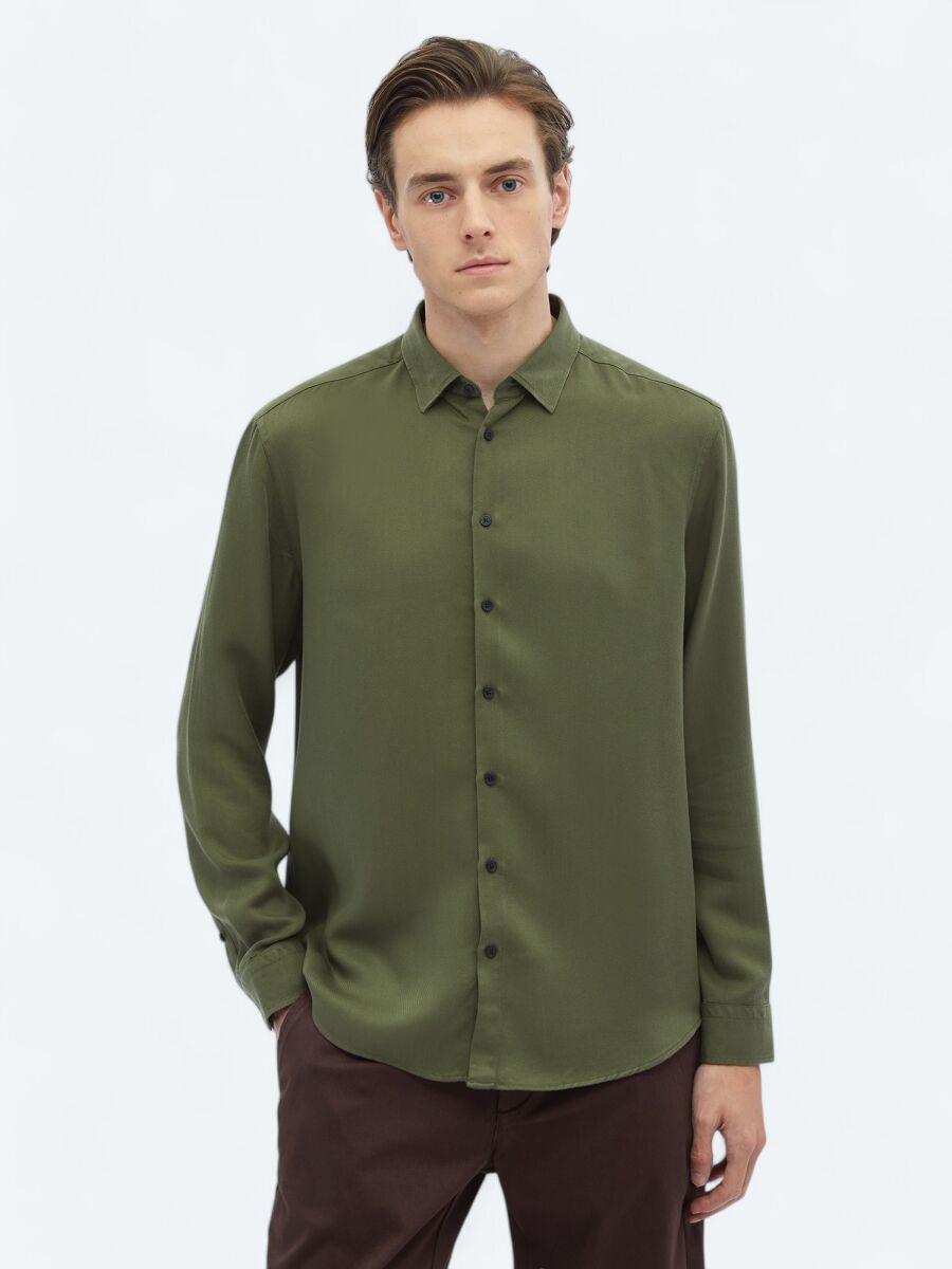 Green Ribbed Regular Fit Weaving Casual Shirt - 3