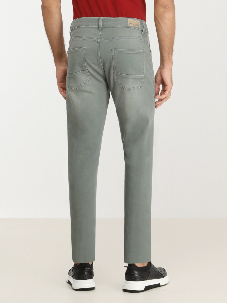 Green Slim Fit Denim Cotton Blended Trousers - 4