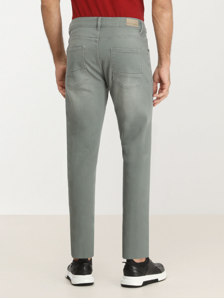 Green Slim Fit Denim Cotton Blended Trousers - 4