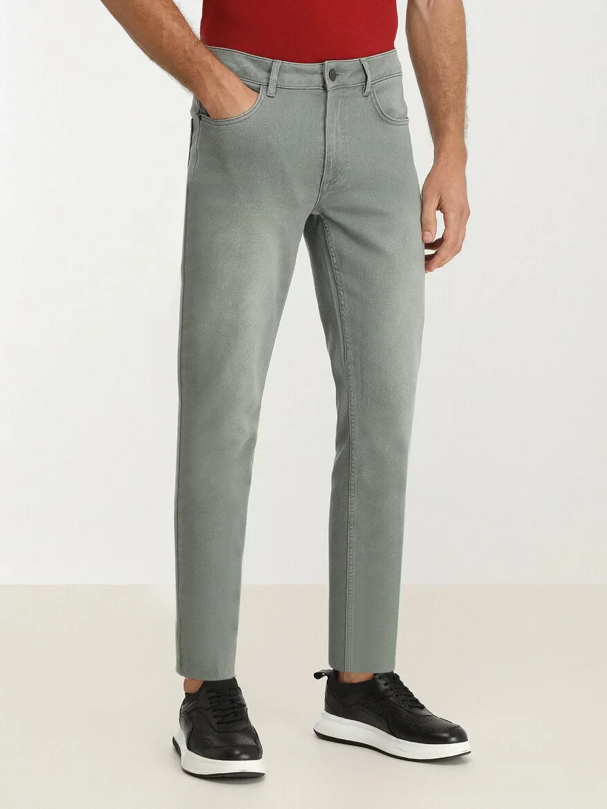 Green Slim Fit Denim Cotton Blended Trousers - 1