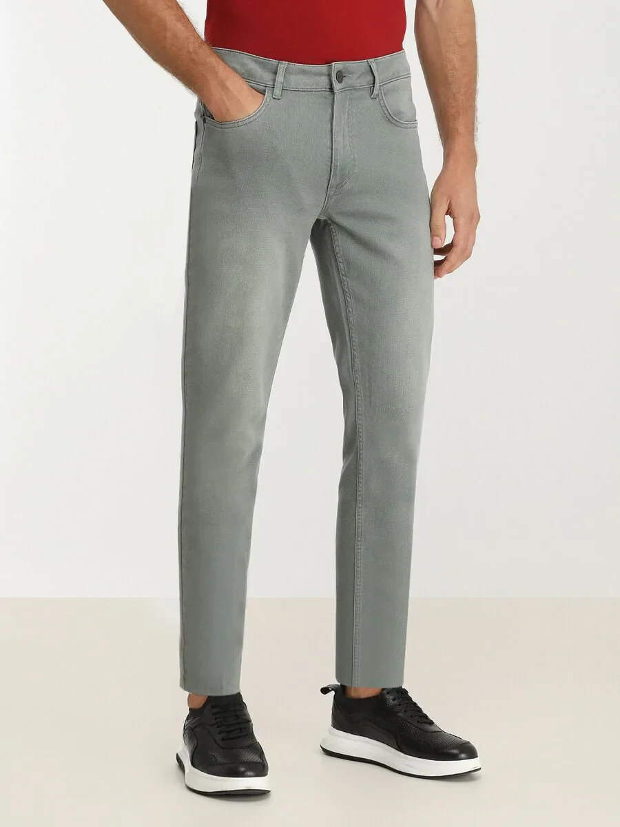 Green Slim Fit Denim Cotton Blended Trousers - 1