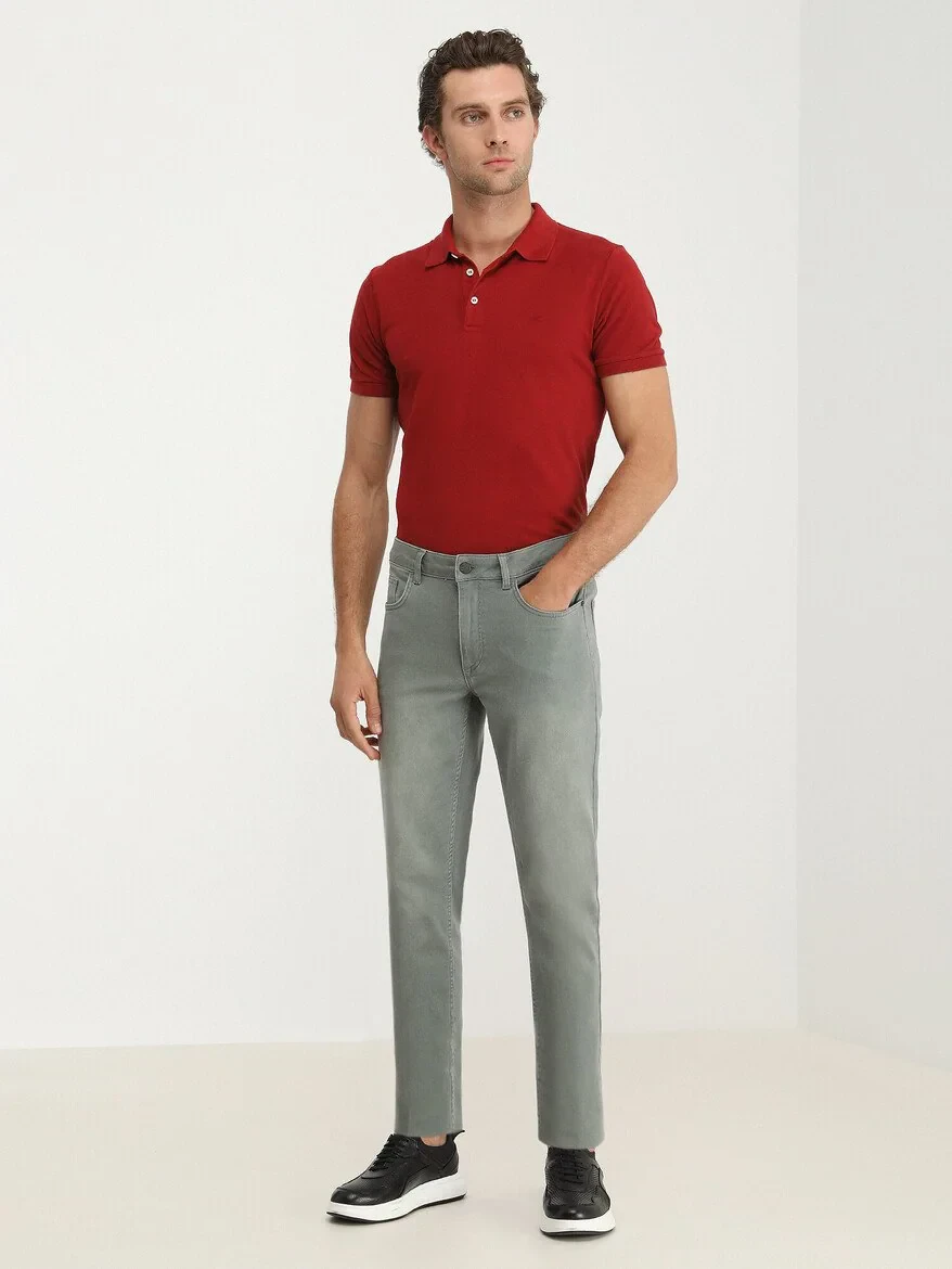 Green Slim Fit Denim Cotton Blended Trousers - 2