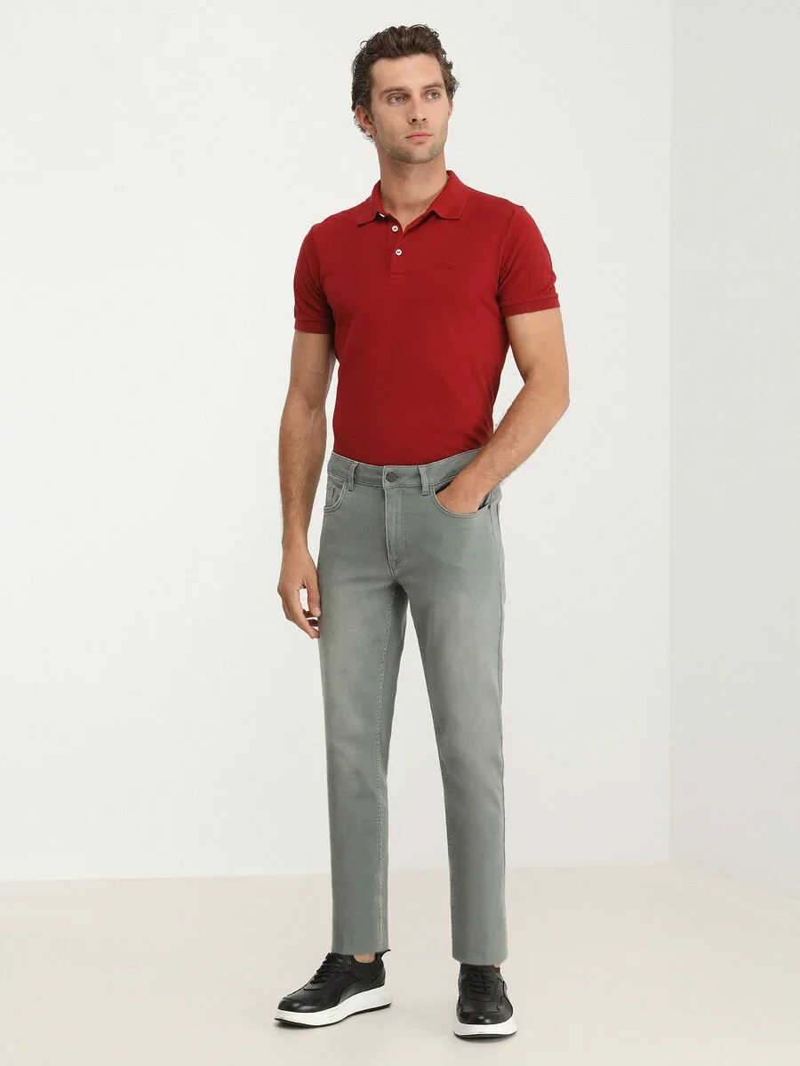 Green Slim Fit Denim Cotton Blended Trousers - 2