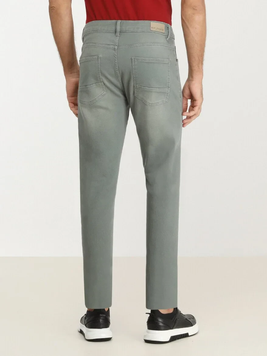 Green Slim Fit Denim Cotton Blended Trousers - 4