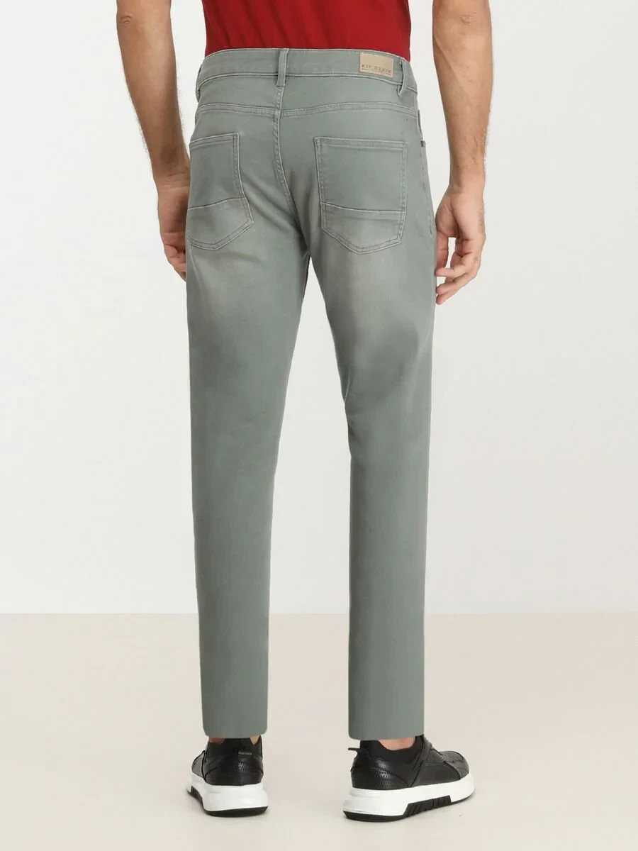 Green Slim Fit Denim Cotton Blended Trousers - 4