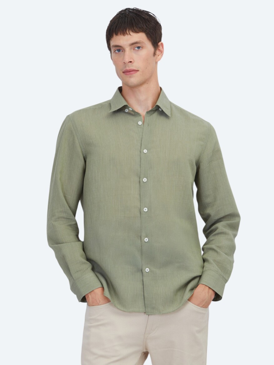 Green Striped Regular Fit Long Weaving Casual Shirt 