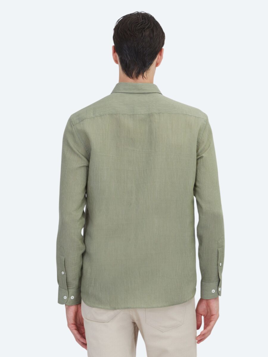 Green Striped Regular Fit Long Weaving Casual Shirt - 5