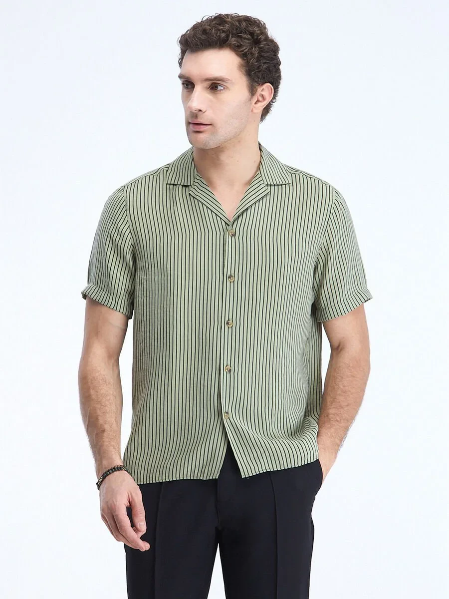 Green Striped Regular Fit Weaving Casual Shirt - 3