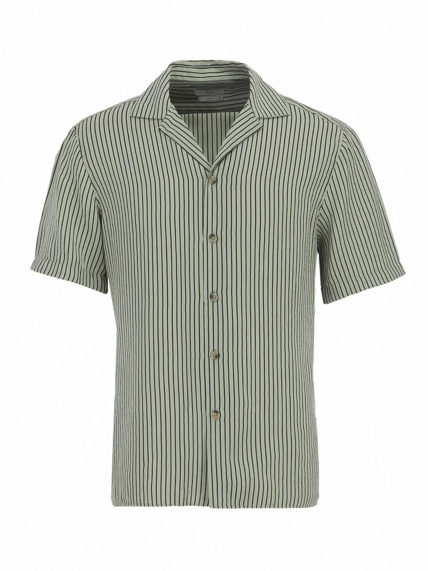 Green Striped Regular Fit Weaving Casual Shirt - 5